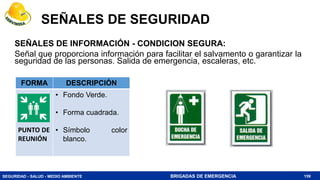 SEGURIDAD - SALUD - MEDIO AMBIENTE BRIGADAS DE EMERGENCIA
SEÑALES DE INFORMACIÓN - CONDICION SEGURA:
Señal que proporciona información para facilitar el salvamento o garantizar la
seguridad de las personas. Salida de emergencia, escaleras, etc.
159
FORMA DESCRIPCIÓN
PUNTO DE
REUNIÓN
• Fondo Verde.
• Forma cuadrada.
• Símbolo color
blanco.
SEÑALES DE SEGURIDAD
 