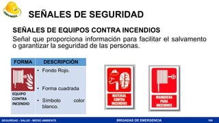 SEGURIDAD - SALUD - MEDIO AMBIENTE BRIGADAS DE EMERGENCIA
SEÑALES DE EQUIPOS CONTRA INCENDIOS
Señal que proporciona información para facilitar el salvamento
o garantizar la seguridad de las personas.
160
FORMA DESCRIPCIÓN
EQUIPO
CONTRA
INCENDIO
• Fondo Rojo.
• Forma cuadrada
• Símbolo color
blanco.
SEÑALES DE SEGURIDAD
 
