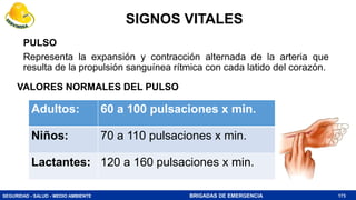 SEGURIDAD - SALUD - MEDIO AMBIENTE BRIGADAS DE EMERGENCIA
VALORES NORMALES DEL PULSO
173
Adultos: 60 a 100 pulsaciones x min.
Niños: 70 a 110 pulsaciones x min.
Lactantes: 120 a 160 pulsaciones x min.
PULSO
Representa la expansión y contracción alternada de la arteria que
resulta de la propulsión sanguínea rítmica con cada latido del corazón.
SIGNOS VITALES
 