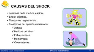 SEGURIDAD - SALUD - MEDIO AMBIENTE BRIGADAS DE EMERGENCIA
CAUSAS DEL SHOCK
• Lesiones de la médula espinal.
• Shock eléctrico.
• Trastornos respiratorios.
• Trastornos del aparato circulatorio:
 Asfixia
 Heridas del tórax
 Falla cardiaca
 Hemorragia
 Quemaduras
188
 