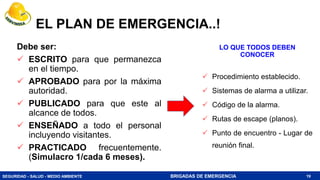 SEGURIDAD - SALUD - MEDIO AMBIENTE BRIGADAS DE EMERGENCIA
EL PLAN DE EMERGENCIA..!
Debe ser:
 ESCRITO para que permanezca
en el tiempo.
 APROBADO para por la máxima
autoridad.
 PUBLICADO para que este al
alcance de todos.
 ENSEÑADO a todo el personal
incluyendo visitantes.
 PRACTICADO frecuentemente.
(Simulacro 1/cada 6 meses).
19
LO QUE TODOS DEBEN
CONOCER
 Procedimiento establecido.
 Sistemas de alarma a utilizar.
 Código de la alarma.
 Rutas de escape (planos).
 Punto de encuentro - Lugar de
reunión final.
 
