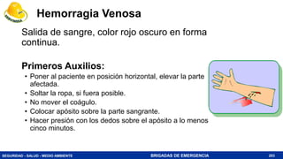 SEGURIDAD - SALUD - MEDIO AMBIENTE BRIGADAS DE EMERGENCIA
Hemorragia Venosa
Salida de sangre, color rojo oscuro en forma
continua.
Primeros Auxilios:
• Poner al paciente en posición horizontal, elevar la parte
afectada.
• Soltar la ropa, si fuera posible.
• No mover el coágulo.
• Colocar apósito sobre la parte sangrante.
• Hacer presión con los dedos sobre el apósito a lo menos
cinco minutos.
203
 