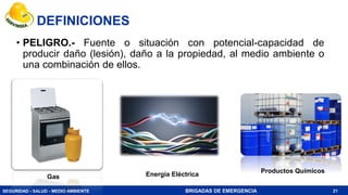 SEGURIDAD - SALUD - MEDIO AMBIENTE BRIGADAS DE EMERGENCIA
DEFINICIONES
• PELIGRO.- Fuente o situación con potencial-capacidad de
producir daño (lesión), daño a la propiedad, al medio ambiente o
una combinación de ellos.
21
Energía Eléctrica
Gas
Productos Químicos
 
