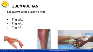 SEGURIDAD - SALUD - MEDIO AMBIENTE BRIGADAS DE EMERGENCIA
QUEMADURAS
Las quemaduras pueden ser de:
• 1° grado.
• 2° grado.
• 3° grado.
210
 