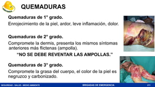 SEGURIDAD - SALUD - MEDIO AMBIENTE BRIGADAS DE EMERGENCIA
QUEMADURAS
Quemaduras de 1° grado.
Enrojecimiento de la piel, ardor, leve inflamación, dolor.
Quemaduras de 2° grado.
Compromete la dermis, presenta los mismos síntomas
anteriores más flictenas (ampolla).
“NO SE DEBE REVENTAR LAS AMPOLLAS.”
Quemaduras de 3° grado.
Compromete la grasa del cuerpo, el color de la piel es
negruzco y carbonizado.
211
 