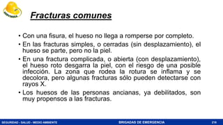 SEGURIDAD - SALUD - MEDIO AMBIENTE BRIGADAS DE EMERGENCIA
Fracturas comunes
216
• Con una fisura, el hueso no llega a romperse por completo.
• En las fracturas simples, o cerradas (sin desplazamiento), el
hueso se parte, pero no la piel.
• En una fractura complicada, o abierta (con desplazamiento),
el hueso roto desgarra la piel, con el riesgo de una posible
infección. La zona que rodea la rotura se inflama y se
decolora, pero algunas fracturas sólo pueden detectarse con
rayos X.
• Los huesos de las personas ancianas, ya debilitados, son
muy propensos a las fracturas.
 