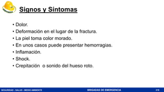 SEGURIDAD - SALUD - MEDIO AMBIENTE BRIGADAS DE EMERGENCIA
Signos y Síntomas
• Dolor.
• Deformación en el lugar de la fractura.
• La piel toma color morado.
• En unos casos puede presentar hemorragias.
• Inflamación.
• Shock.
• Crepitación o sonido del hueso roto.
218
 