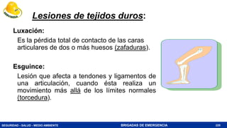 SEGURIDAD - SALUD - MEDIO AMBIENTE BRIGADAS DE EMERGENCIA
Lesiones de tejidos duros:
Luxación:
Es la pérdida total de contacto de las caras
articulares de dos o más huesos (zafaduras).
Esguince:
Lesión que afecta a tendones y ligamentos de
una articulación, cuando ésta realiza un
movimiento más allá de los límites normales
(torcedura).
220
 