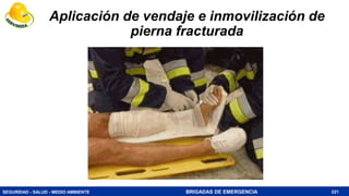 SEGURIDAD - SALUD - MEDIO AMBIENTE BRIGADAS DE EMERGENCIA
Aplicación de vendaje e inmovilización de
pierna fracturada
221
 