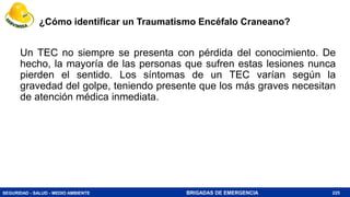 SEGURIDAD - SALUD - MEDIO AMBIENTE BRIGADAS DE EMERGENCIA
¿Cómo identificar un Traumatismo Encéfalo Craneano?
225
Un TEC no siempre se presenta con pérdida del conocimiento. De
hecho, la mayoría de las personas que sufren estas lesiones nunca
pierden el sentido. Los síntomas de un TEC varían según la
gravedad del golpe, teniendo presente que los más graves necesitan
de atención médica inmediata.
 