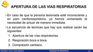 SEGURIDAD - SALUD - MEDIO AMBIENTE BRIGADAS DE EMERGENCIA
APERTURA DE LAS VIAS RESPIRATORIAS
• En caso de que la persona lesionada esté inconsciente y
en paro cardiorespiratorio, ya hemos comentado la
necesidad de actuar de manera inmediata.
• La secuencia de técnicas que hay que realizar serán las
siguientes:
1. Apertura de las vías respiratorias.
2. Respiración boca a boca.
3. Compresión cardiaco.
240
 
