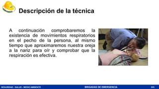 SEGURIDAD - SALUD - MEDIO AMBIENTE BRIGADAS DE EMERGENCIA
Descripción de la técnica
A continuación comprobaremos la
existencia de movimientos respiratorios
en el pecho de la persona, al mismo
tiempo que aproximaremos nuestra oreja
a la nariz para oír y comprobar que la
respiración es efectiva.
243
 