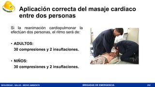 SEGURIDAD - SALUD - MEDIO AMBIENTE BRIGADAS DE EMERGENCIA
Aplicación correcta del masaje cardiaco
entre dos personas
Si la reanimación cardiopulmonar la
efectúan dos personas, el ritmo será de:
• ADULTOS:
30 compresiones y 2 insuflaciones.
• NIÑOS:
30 compresiones y 2 insuflaciones.
252
 