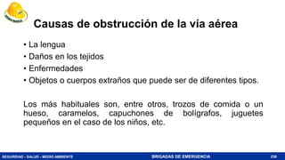 SEGURIDAD - SALUD - MEDIO AMBIENTE BRIGADAS DE EMERGENCIA
Causas de obstrucción de la vía aérea
• La lengua
• Daños en los tejidos
• Enfermedades
• Objetos o cuerpos extraños que puede ser de diferentes tipos.
Los más habituales son, entre otros, trozos de comida o un
hueso, caramelos, capuchones de bolígrafos, juguetes
pequeños en el caso de los niños, etc.
258
 