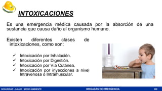 SEGURIDAD - SALUD - MEDIO AMBIENTE BRIGADAS DE EMERGENCIA
INTOXICACIONES
Existen diferentes clases de
intoxicaciones, como son:
 Intoxicación por Inhalación.
 Intoxicación por Digestión.
 Intoxicación por Vía Cutánea.
 Intoxicación por inyecciones a nivel
Intravenosa o Intramuscular.
268
Es una emergencia médica causada por la absorción de una
sustancia que causa daño al organismo humano.
 