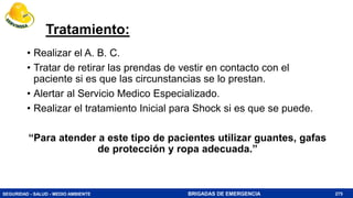 SEGURIDAD - SALUD - MEDIO AMBIENTE BRIGADAS DE EMERGENCIA
Tratamiento:
• Realizar el A. B. C.
• Tratar de retirar las prendas de vestir en contacto con el
paciente si es que las circunstancias se lo prestan.
• Alertar al Servicio Medico Especializado.
• Realizar el tratamiento Inicial para Shock si es que se puede.
“Para atender a este tipo de pacientes utilizar guantes, gafas
de protección y ropa adecuada.”
275
 