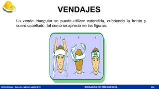 SEGURIDAD - SALUD - MEDIO AMBIENTE BRIGADAS DE EMERGENCIA
La venda triangular se puede utilizar extendida, cubriendo la frente y
cuero cabelludo, tal como se aprecia en las figuras.
284
VENDAJES
 