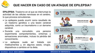 SEGURIDAD - SALUD - MEDIO AMBIENTE BRIGADAS DE EMERGENCIA
QUE HACER EN CASO DE UN ATAQUE DE EPILEPSIA?
285
EPILEPSIA: Trastorno en el que se interrumpe la
actividad de las células nerviosas en el cerebro,
lo que provoca convulsiones.
 La epilepsia puede ocurrir como resultado de
un trastorno genético o una lesión cerebral
adquirida, como un traumatismo o un derrame
cerebral.
 Durante una convulsión, una persona
experimenta comportamientos, síntomas y
sensaciones anormales, incluso la pérdida del
conocimiento.
 La epilepsia suele ser tratada con
medicamentos y, en algunos casos, cirugía,
dispositivos o cambios en la dieta.
 