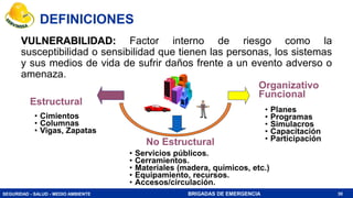SEGURIDAD - SALUD - MEDIO AMBIENTE BRIGADAS DE EMERGENCIA
VULNERABILIDAD: Factor interno de riesgo como la
susceptibilidad o sensibilidad que tienen las personas, los sistemas
y sus medios de vida de sufrir daños frente a un evento adverso o
amenaza.
• Cimientos
• Columnas
• Vigas, Zapatas
• Planes
• Programas
• Simulacros
• Capacitación
• Participación
Organizativo
Funcional
Estructural
No Estructural
• Servicios públicos.
• Cerramientos.
• Materiales (madera, químicos, etc.)
• Equipamiento, recursos.
• Accesos/circulación.
30
DEFINICIONES
 
