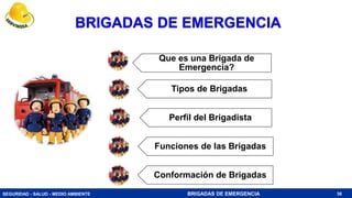 SEGURIDAD - SALUD - MEDIO AMBIENTE BRIGADAS DE EMERGENCIA 38
BRIGADAS DE EMERGENCIA
Que es una Brigada de
Emergencia?
Tipos de Brigadas
Perfil del Brigadista
Funciones de las Brigadas
Conformación de Brigadas
 