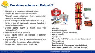 SEGURIDAD - SALUD - MEDIO AMBIENTE BRIGADAS DE EMERGENCIA 58
Que debe contener un Botiquín?
• Manual de primeros auxilios actualizado.
• Listado de teléfonos de emergencias.
• Alcohol, agua oxigenada (para desinfectar
heridas e implementos).
• Suero fisiológico. (Cloruro de sodio al 0.9%)
• Jabón (para el lavado de manos, heridas y
material de curación) .
• Curitas (para cubrir la lesión una vez
desinfectada).
• Vendas de distintos tamaños.
• Gasa (para cubrir las heridas o detener
hemorragias).
• Esparadrapo o cinta adhesiva de uso medico
(útil para fijar las vendas y los apósitos).
• Crema para quemaduras, picaduras.
• Algodón.
• Pañuelo triangular.
• Mascarillas, guantes de manejo.
• Férula o tablilla.
• Termómetro.
• Mascarilla de RCP (reanimación cardiopulmonar)
• Tijeras, pinzas.
• Camilla portátil.
• Paracetamol (Sirven para bajar la fiebre).
• Ibuprofeno (Sirven para controlar el dolor).
 