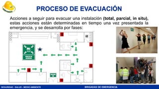 SEGURIDAD - SALUD - MEDIO AMBIENTE BRIGADAS DE EMERGENCIA
PROCESO DE EVACUACIÓN
Acciones a seguir para evacuar una instalación (total, parcial, in situ),
estas acciones están determinadas en tiempo una vez presentada la
emergencia, y se desarrolla por fases:
 