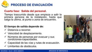 SEGURIDAD - SALUD - MEDIO AMBIENTE BRIGADAS DE EMERGENCIA
PROCESO DE EVACUACIÓN
Cuarta fase: Salida del personal.
Tiempo trascurrido desde que empieza a salir la
primera persona de la instalación, hasta que
salga la ultima, al punto o zona de encuentro.
El tiempo de salida depende de:
 Distancia a recorrer.
 Velocidad de desplazamiento.
 Números de personas por evacuar y sus
condiciones-capacidades.
 Capacidad de las vías y rutas de evacuación.
 Limitantes de obstáculos.
 