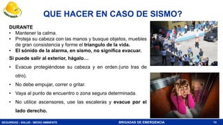 SEGURIDAD - SALUD - MEDIO AMBIENTE BRIGADAS DE EMERGENCIA
QUE HACER EN CASO DE SISMO?
74
DURANTE
• Mantener la calma.
• Proteja su cabeza con las manos y busque objetos, muebles
de gran consistencia y forme el triangulo de la vida.
• El sónido de la alarma, en sismo, no significa evacuar.
Si puede salir al exterior, hágalo…
• Evacue protegiéndose su cabeza y en orden.(uno tras de
otro).
• No debe empujar, correr o gritar.
• Vaya al punto de encuentro o zona segura determinada.
• No utilice ascensores, use las escaleras y evacue por el
lado derecho.
 