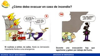 SEGURIDAD - SALUD - MEDIO AMBIENTE BRIGADAS DE EMERGENCIA
Durante una evacuación hay que
agacharse y gatear por debajo del humo.
Si vuelves a entrar, no sales. Nada es demasiado
importante frente a una emergencia.
¿Cómo debo evacuar en caso de incendio?
 
