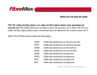 770-179. Cables de fibra óptica. Los cables de fibra óptica deben estar aprobados de
acuerdo con 770-179(a) hasta (e) y se deben marcar de acuerdo con la Tabla 770-179. Los
cables de fibra óptica deben tener una temperatura de operación de cuando menos 60 °C.
Tabla 770-179 Marcado de cables de fibra óptica
OFNP Cable tipo dieléctrico en cámaras de aire
OFCP Cable tipo conductivo en cámaras de aire
OFNR Cable tipo dieléctrico en tiro vertical
OFCR Cable tipo conductivo en tiro vertical
OFNG Cable tipo dieléctrico Uso general
OFCG Cable tipo conductivo Uso general
OFN Cable tipo dieléctrico Uso general
OFC Cable tipo conductivo Uso general
Selección de tipo de cable
 
