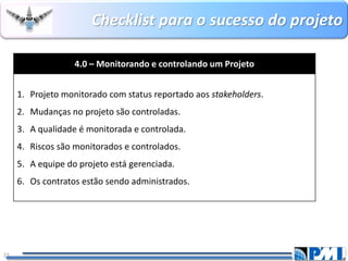 Checklistpara o sucesso do projeto 
23 
4.0 –Monitorando e controlandoum Projeto 
1.Projeto monitorado com status reportado aos stakeholders. 
2.Mudançasno projeto são controladas. 
3.A qualidade é monitorada e controlada. 
4.Riscos são monitorados e controlados. 
5.Aequipe do projeto está gerenciada. 
6.Os contratos estão sendo administrados.  