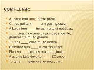    A Joana tem uma pasta preta.
   O meu pai tem ____ amigos ingleses.
   A Luísa tem ____ irmas muito simpáticas.
   ____ vivenda é uma casa independente,
    geralmente muito grande.
   Tu tens ____ casa muito bonita.
   O senhor tem ____ carro fabuloso!
   Ela tem ____ óculos muito originais!
   A avó do Luís deve ter ____ 80 anos.
   Tu tens ___ telemóvel espetacular!
 