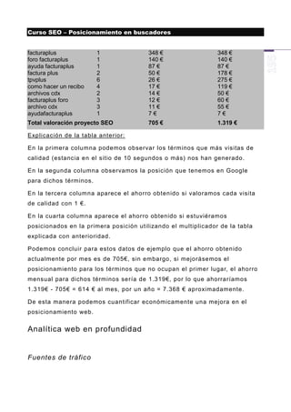 Curso SEO – Posicionamiento en buscadores


facturaplus             1               348 €                  348 €
foro facturaplus        1               140 €                  140 €
ayuda facturaplus       1               87 €                   87 €
factura plus            2               50 €                   178 €
tpvplus                 6               26 €                   275 €
como hacer un recibo    4               17 €                   119 €
archivos cdx            2               14 €                   50 €
facturaplus foro        3               12 €                   60 €
archivo cdx             3               11 €                   55 €
ayudafacturaplus        1               7€                     7€
Total valoración proyecto SEO           705 €                  1.319 €

Explicación de la tabla anterior:

En la primera columna podemos observar los términos que más visitas de
calidad (estancia en el sitio de 10 segundos o más) nos han generado.

En la segunda columna observamos la posición que tenemos en Google
para dichos términos.

En la tercera columna aparece el ahorro obtenido si valoramos cada visita
de calidad con 1 €.

En la cuarta columna aparece el ahorro obtenido si estuviéramos
posicionados en la primera posición utilizando el multiplicador de la tabla
explicada con anterioridad.

Podemos concluir para estos datos de ejemplo que el ahorro obtenido
actualmente por mes es de 705€, sin embargo, si mejorásemos el
posicionamiento para los términos que no ocupan el primer lugar, el ahorro
mensual para dichos términos sería de 1.319€, por lo que ahorraríamos
1.319€ - 705€ = 614 € al mes, por un año = 7.368 € aproximadamente.

De esta manera podemos cuantificar económicamente una mejora en el
posicionamiento web.


Analítica web en profundidad


Fuentes de tráfico
 
