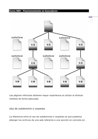 Curso SEO – Posicionamiento en buscadores




Las páginas inferiores obtienen mayor importancia al utilizar el atributo
nofollow de forma adecuada.




Uso de subdominio o carpetas


La diferencia entre el uso de subdominios o carpetas es que p odemos
albergar los archivos de una web referente a una sección en concreto en:
 