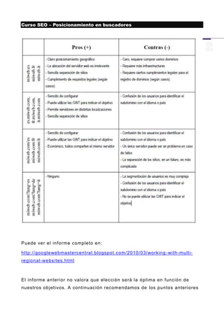 Curso SEO – Posicionamiento en buscadores




Puede ver el informe completo en:

http://googlewebmastercentral.blogspot.com/2010/03/working -with-multi-
regional-websites.html



El informe anterior no valora que elección será la óptima en función de
nuestros objetivos. A continuación recomendamos de los puntos anteriores
 