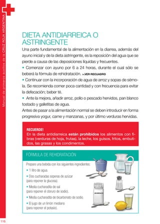 ManualdeprimerosauxiliosdelaCRUZROJAARGENTINA
116
Dieta antidiarreica o
astringente
Una parte fundamental de la alimentación en la diarrea, además del
ayuno inicial y de la dieta astringente, es la reposición del agua que se
pierde a causa de las deposiciones líquidas y frecuentes.
• Comenzar con ayuno por 6 a 24 horas, durante el cual sólo se
beberá la fórmula de rehidratación. >.ver recuadro
• Continuar con la incorporación de agua de arroz y sopas de sémo-
la. Se recomienda comer poca cantidad y con frecuencia para evitar
la defecación; beber té.
• Ante la mejora, añadir arroz, pollo o pescado hervidos, pan blanco
tostado y galletitas de agua.
Antes de pasar a la alimentación normal se deben introducir en forma
progresiva yogur, carne y manzanas, y por último verduras hervidas.
RECUERDE!
En la dieta antidiarreica están prohibidos los alimentos con fi-
bras (verduras de hoja, frutas), la leche, los guisos, fritos, embuti-
dos, las grasas y los condimentos.
FÓRMULA DE REHIDRATACIÓN
Prepare una bebida con los siguientes ingredientes:
• 1 litro de agua.
• Dos cucharadas soperas de azúcar
(para reponer la glucosa).
• Media cucharadita de sal
(para reponer el cloruro de sodio).
• Media cucharadita de bicarbonato de sodio.
• El jugo de un limón mediano
(para reponer el potasio).
 