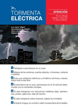 1 Refúgiese o permanezca en su casa.
2 Aléjese de las ventanas, puertas abiertas, chimeneas, cañerías
y tuberías.
3 Evite usar artefactos eléctricos y el teléfono (de línea y celular),
sobre todo al aire libre.
4 Si está dentro de un auto, permanezca en él. El vehículo debe-
rá estar con la ventanillas cerradas.
5 Si está trabajando con estructuras metálicas (rejas, alambra-
dos, postes, galpones), deje de hacerlo.
6 Si está trabajando sobre tractores, bájese de inmediato.
7 Si está en el agua, en un bote o velero, busque tierra de inmediato.
>.
TORMENTA
ELÉCTRICA
----------------------
ATENCIÓN
----------------------
No se refugie
debajo o cerca de
un árbol aislado.
Los rayos “eligen”
descargarse en objetos
altos y puntiagudos.
Aléjese de ellos.
 