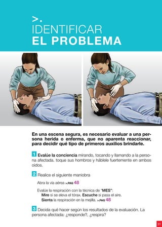 1 Evalúe la conciencia mirando, tocando y llamando a la perso-
na afectada. toque sus hombros y háblele fuertemente en ambos
oidos.
2 Realice el siguiente maniobra
Abra la vía aérea >.PAG 48
Evalúe la respiración con la técnica de “MES”:
Mire si se eleva el tórax. Escuche si pasa el aire.
Sienta la respiración en la mejilla. >.PAG 48
3 Decida qué hacer según los resultados de la evaluación. La
persona afectada: ¿responde?, ¿respira?
En una escena segura, es necesario evaluar a una per-
sona herida o enferma, que no aparenta reaccionar,
para decidir qué tipo de primeros auxilios brindarle.
>.
IDENTIFICAR
EL PROBLEMA
31
 