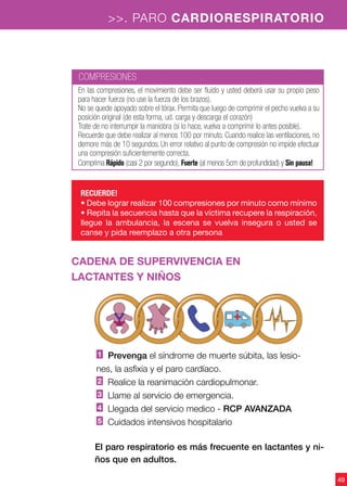 49
>>. PARO CARDIORESPIRATORIO
RECUERDE!
• Debe lograr realizar 100 compresiones por minuto como mínimo
• Repita la secuencia hasta que la víctima recupere la respiración,
llegue la ambulancia, la escena se vuelva insegura o usted se
canse y pida reemplazo a otra persona
COMPRESIONES
En las compresiones, el movimiento debe ser fluido y usted deberá usar su propio peso
para hacer fuerza (no use la fuerza de los brazos).
No se quede apoyado sobre el tórax. Permita que luego de comprimir el pecho vuelva a su
posición original (de esta forma, ud. carga y descarga el corazón)
Trate de no interrumpir la maniobra (si lo hace, vuelva a comprimir lo antes posible).
Recuerde que debe realizar al menos 100 por minuto. Cuando realice las ventilaciones, no
demore más de 10 segundos. Un error relativo al punto de compresión no impide efectuar
una compresión suficientemente correcta.
Comprima Rápido (casi 2 por segundo), Fuerte (al menos 5cm de profundidad) y Sin pausa!
cadena de supervivencia EN
LACTANTES Y NIÑOS
1 Prevenga el síndrome de muerte súbita, las lesio-
nes, la asfixia y el paro cardíaco.
2 Realice la reanimación cardiopulmonar.
3 Llame al servicio de emergencia.
4 Llegada del servicio medico - RCP AVANZADA
5 Cuidados intensivos hospitalario
El paro respiratorio es más frecuente en lactantes y ni-
ños que en adultos.
 