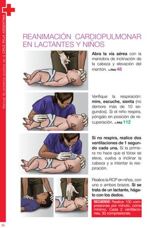 ManualdeprimerosauxiliosdelaCRUZROJAARGENTINA
50
ManualdeprimerosauxiliosdelaCRUZROJAARGENTINA
50
Abra la vía aérea con la
maniobra de inclinación de
la cabeza y elevación del
mentón. >.PAG 48
Verifique la respiración:
mire, escuche, sienta (no
demore más de 10 se-
gundos). Si el niño respira,
póngalo en posición de re-
cuperación. >.PAG 112
Si no respira, realice dos
ventilaciones de 1 segun-
do cada una. Si la prime-
ra no hace que el tórax se
eleve, vuelva a inclinar la
cabeza y a intentar la res-
piración.
Realice la RCP en niños, con
uno o ambos brazos. Si se
trata de un lactante, hága-
lo con los dedos.
REANIMACIón cardiopulmonar
en lactantes y niños
RECUERDE! Realice 100 com-
presiones por minuto, como
mínimo. Cada 2 ventilacio-
nes, 30 compresiones.
 
