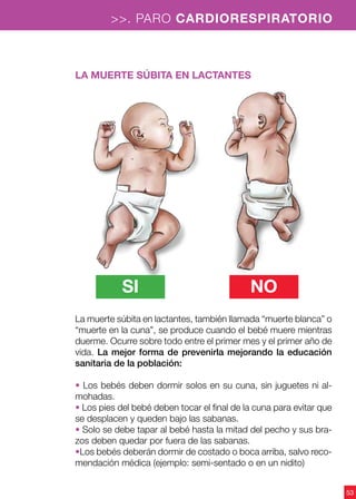 53
>>. PARO CARDIORESPIRATORIO
La muerte súbita en lactantes
La muerte súbita en lactantes, también llamada “muerte blanca” o
“muerte en la cuna”, se produce cuando el bebé muere mientras
duerme. Ocurre sobre todo entre el primer mes y el primer año de
vida. La mejor forma de prevenirla mejorando la educación
sanitaria de la población:
• Los bebés deben dormir solos en su cuna, sin juguetes ni al-
mohadas.
• Los pies del bebé deben tocar el final de la cuna para evitar que
se desplacen y queden bajo las sabanas.
• Solo se debe tapar al bebé hasta la mitad del pecho y sus bra-
zos deben quedar por fuera de las sabanas.
•Los bebés deberán dormir de costado o boca arriba, salvo reco-
mendación médica (ejemplo: semi-sentado o en un nidito)
nosi
 
