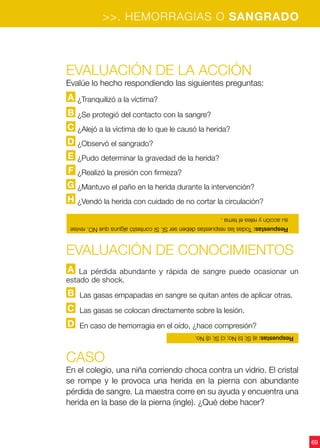 >>. HEMORRAGIAS O SANGRADO
69
Evaluación de la acción
Evalúe lo hecho respondiendo las siguientes preguntas:
A ¿Tranquilizó a la víctima?
B ¿Se protegió del contacto con la sangre?
C ¿Alejó a la víctima de lo que le causó la herida?
D ¿Observó el sangrado?
E ¿Pudo determinar la gravedad de la herida?
F ¿Realizó la presión con firmeza?
G ¿Mantuvo el paño en la herida durante la intervención?
H ¿Vendó la herida con cuidado de no cortar la circulación?
CASO
En el colegio, una niña corriendo choca contra un vidrio. El cristal
se rompe y le provoca una herida en la pierna con abundante
pérdida de sangre. La maestra corre en su ayuda y encuentra una
herida en la base de la pierna (ingle). ¿Qué debe hacer?
Evaluación de CONOCIMIENTOS
A La pérdida abundante y rápida de sangre puede ocasionar un
estado de shock.
B Las gasas empapadas en sangre se quitan antes de aplicar otras.
C Las gasas se colocan directamente sobre la lesión.
D En caso de hemorragia en el oído, ¿hace compresión?
Respuestas:TodaslasrespuestasdebenserSÍ.SicontestóalgunaqueNO,revise
suacciónyreleaeltema.
Respuestas:a)Sí;b)No;c)Sí;d)No.
 