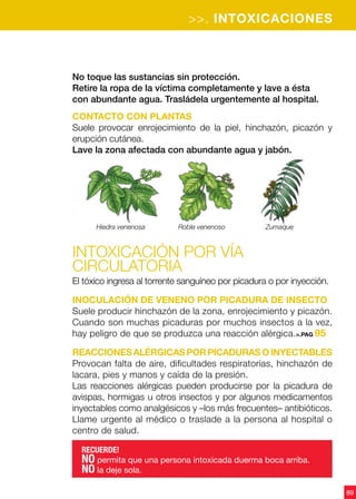>>. INTOXICACIONES
89
No toque las sustancias sin protección.
Retire la ropa de la víctima completamente y lave a ésta
con abundante agua. Trasládela urgentemente al hospital.
Contacto con plantas
Suele provocar enrojecimiento de la piel, hinchazón, picazón y
erupción cutánea.
Lave la zona afectada con abundante agua y jabón.
Intoxicación por vía
CIRCULATORIA
El tóxico ingresa al torrente sanguíneo por picadura o por inyección.
Inoculación de veneno por picadura de insecto
Suele producir hinchazón de la zona, enrojecimiento y picazón.
Cuando son muchas picaduras por muchos insectos a la vez,
hay peligro de que se produzca una reacción alérgica.>.PAG 95
Reacciones alérgicas por picaduras o inyectables
Provocan falta de aire, dificultades respiratorias, hinchazón de
lacara, pies y manos y caída de la presión.
Las reacciones alérgicas pueden producirse por la picadura de
avispas, hormigas u otros insectos y por algunos medicamentos
inyectables como analgésicos y –los más frecuentes– antibióticos.
Llame urgente al médico o traslade a la persona al hospital o
centro de salud.
Hiedra venenosa Roble venenoso Zumaque
RECUERDE!
NO permita que una persona intoxicada duerma boca arriba.
NO la deje sola.
 