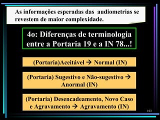 As informações esperadas das audiometrias se
revestem de maior complexidade.

    4o: Diferenças de terminologia
    entre a Portaria 19 e a IN 78...!

      (Portaria)Aceitável  Normal (IN)

    (Portaria) Sugestivo e Não-sugestivo 
                 Anormal (IN)

   (Portaria) Desencadeamento, Novo Caso
     e Agravamento  Agravamento (IN)
                                               103
 