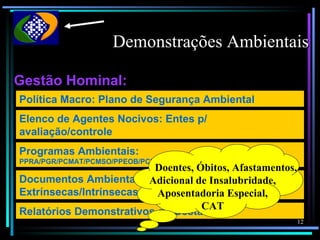 Demonstrações Ambientais

Gestão Hominal:
Política Macro: Plano de Segurança Ambiental
Elenco de Agentes Nocivos: Entes p/
avaliação/controle
Programas Ambientais:
PPRA/PGR/PCMAT/PCMSO/PPEOB/PCR/PCA...
                         Doentes, Óbitos, Afastamentos,
Documentos Ambientais: Adicional de Insalubridade,
                        Form.
Extrínsecas/Intrínsecas   Aposentadoria Especial,
                                   CAT
Relatórios Demonstrativos de Gestão
                                                          12
 