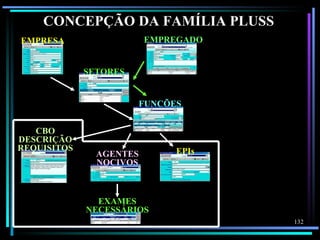 CONCEPÇÃO DA FAMÍLIA PLUSS
EMPRESA                  EMPREGADO


             SETORES


                         FUNÇÕES


   CBO
DESCRIÇÃO
REQUISITOS                     EPIs
               AGENTES
               NOCIVOS



               EXAMES
             NECESSÁRIOS
                                      132
 