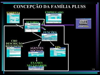 CONCEPÇÃO DA FAMÍLIA PLUSS
EMPRESA                  EMPREGADO


             SETORES


                         FUNÇÕES


   CBO
DESCRIÇÃO
REQUISITOS                     EPIs
               AGENTES
               NOCIVOS



               EXAMES
             NECESSÁRIOS
                                      134
 
