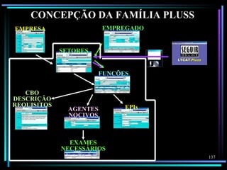 CONCEPÇÃO DA FAMÍLIA PLUSS
EMPRESA                  EMPREGADO


             SETORES


                         FUNÇÕES


   CBO
DESCRIÇÃO
REQUISITOS                     EPIs
               AGENTES
               NOCIVOS



               EXAMES
             NECESSÁRIOS
                                      137
 