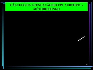 CÁLCULO DA ATENUAÇÃO DO EPI AUDITIVO -
                  MÉTODO LONGO

    Frequências em
    bandas de oitava               125      250     500     1000     2000     4000     8000     dB (X )
1   Nível de pressão sonora       100.0    100.0   100.0    100.0   100.0    100.0    100.0
2   Correção ponderação C          - 0.2     0.0     0.0      0.0    - 0.2    - 0.8    - 3.0
3   Nível de pressão sonora        99.8    100.0   100.0    100.0    99.8     99.2     97.0    108.0
    C – ponderado                                                                               dB ( C)
4   Correção ponderação A         - 16.1   - 8.6    - 3.2     0.0     1.2      1.0     - 1.1
5   Nível de pressão sonora         83.9    91.4    96.8    100.0   101.2    101.0     98.9
    A – ponderado (passo 1 – 4)
6   Atenuação do EPI               27.4     26.6    27.5     27.0    32.0     46.0     44.2
7   Desvio Padrão X 2               7.8      8.4     9.4      6.8     8.8      7.3     12.8
8   Nível de pressão sonora        64.3     73.2    78.7     79.8    78.0     62.3     67.5    84.2
    A- ponderada de proteção                                                                   dB (A )
    estimada
9 NRR = passo 3 - passo 8 – 3
    NRR = 108.0 - 84.2 - 3 = 20.8 = 21

                                                                                                          67
 
