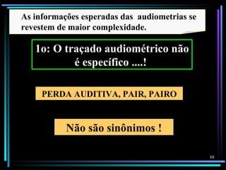 As informações esperadas das audiometrias se
revestem de maior complexidade.

   1o: O traçado audiométrico não
           é específico ....!

     PERDA AUDITIVA, PAIR, PAIRO


           Não são sinônimos !

                                               88
 